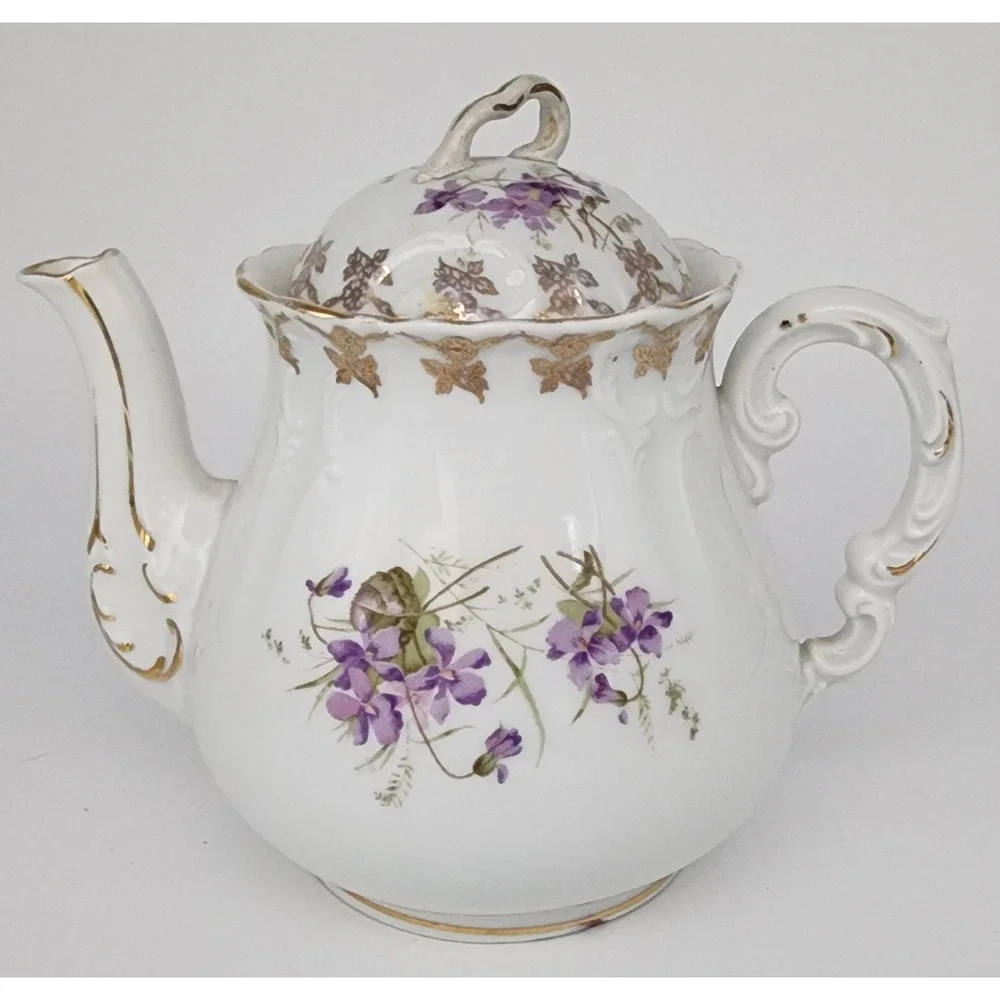 Vtg KPM Germany Porcelain Tea Set White Violets Gold 3pc Floral PLEASE READ